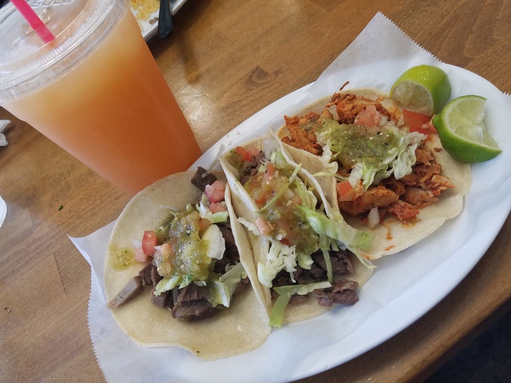 Carne asada and chicken tacos with agua fresca