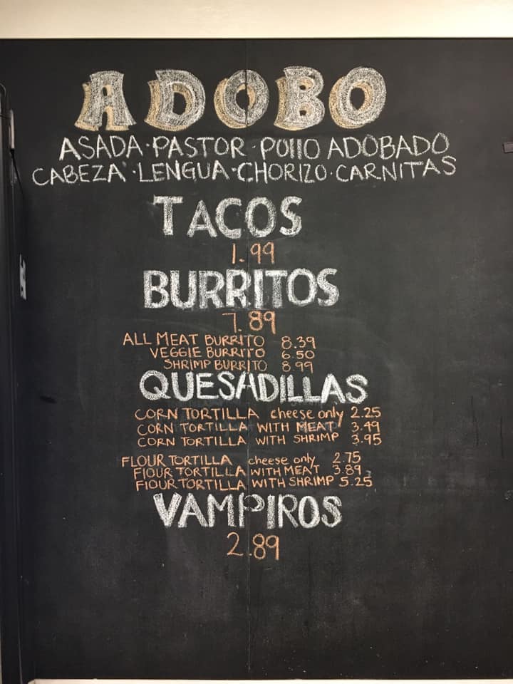 Adobo Taco Grill chalkboard menu